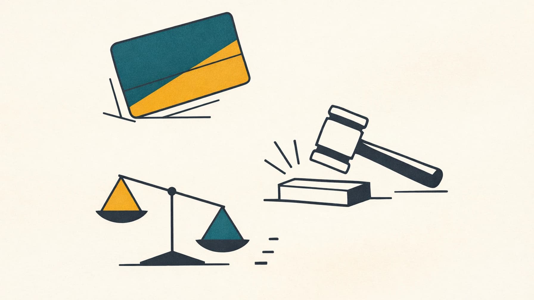 Modernist editorial illustration accompanying a guide on settling credit card debt with Capital One before a lawsuit is filed.
